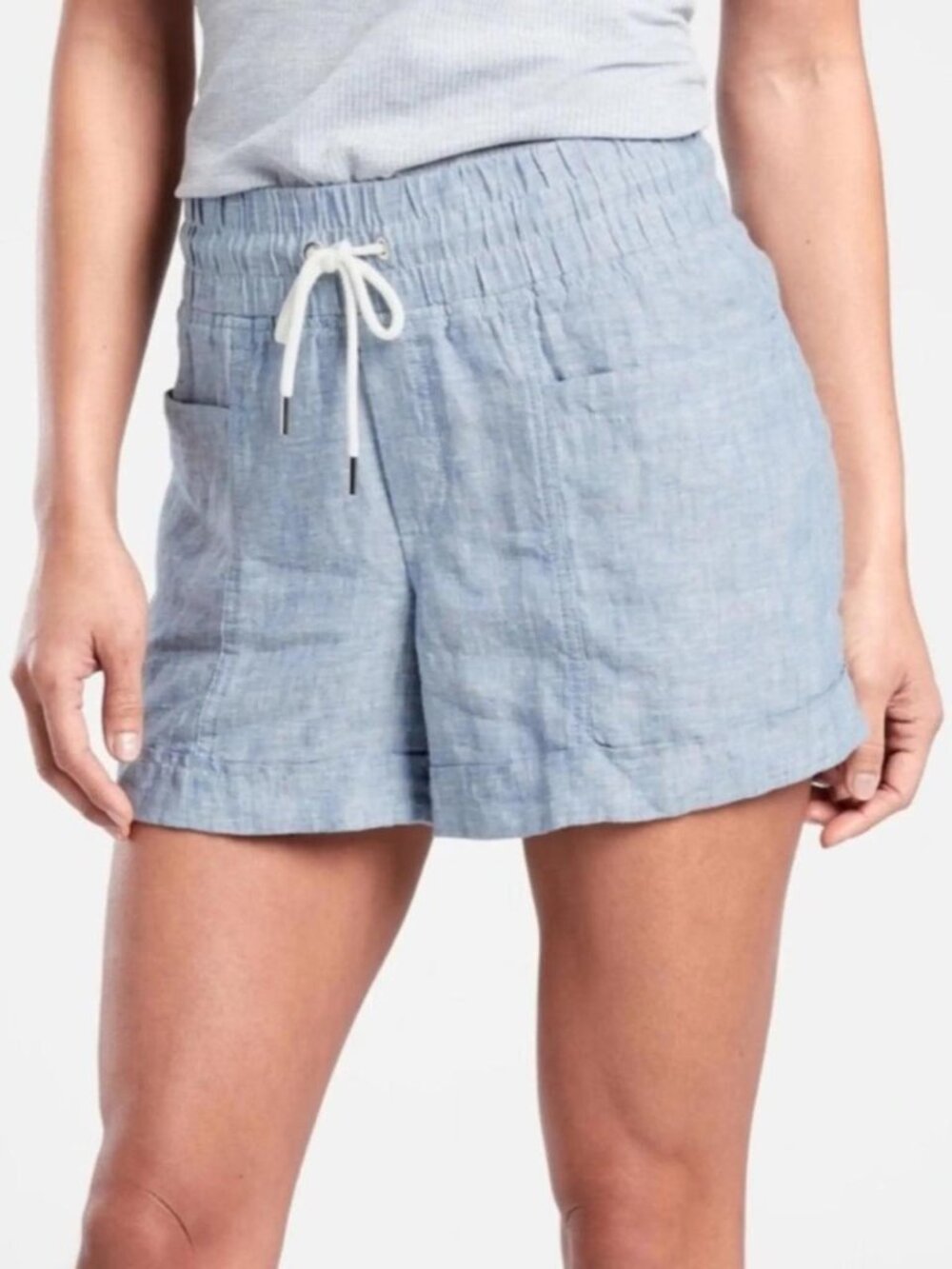 Athleta Cabo Linen Shorts Light Blue Chambray 100% Linen  Elastic Waistband - 4